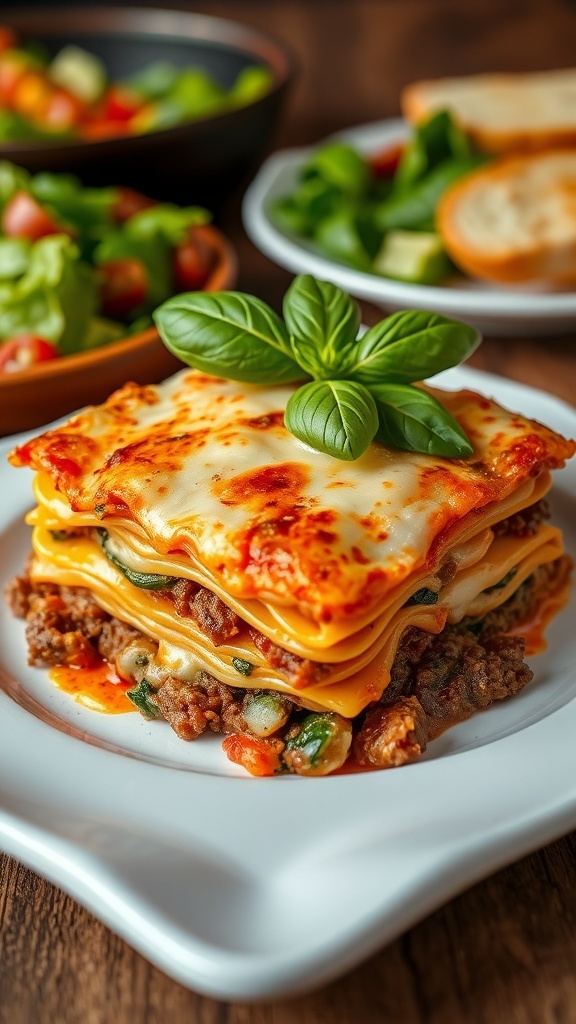 A hearty Beef and Spinach Lasagna with layers of pasta, beef, spinach, and cheese, garnished with basil, served on a wooden table.